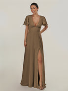 KissDress-Nira Willow Green A Line Chiffon Cap Sleeves V Neck Long Bridesmaid Dress with Slit