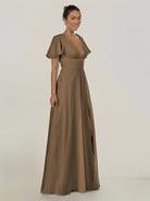 KissDress-Nira Willow Green A Line Chiffon Cap Sleeves V Neck Long Bridesmaid Dress with Slit
