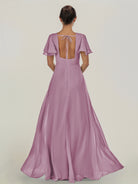 KissDress-Nira Wisteria A Line Chiffon Cap Sleeves V Neck Long Bridesmaid Dress with Slit