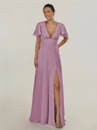 KissDress-Nira Wisteria A Line Chiffon Cap Sleeves V Neck Long Bridesmaid Dress with Slit