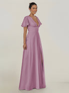 KissDress-Nira Wisteria A Line Chiffon Cap Sleeves V Neck Long Bridesmaid Dress with Slit