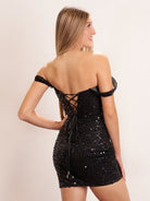 Nola | Beaded Short Off Shoulder Black Corset Short Homecoming Dress - KissProm