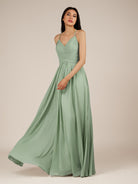 KissDress-Nolana Matcha A Line V Neck Chiffon Pleated Long Bridesmaid Dress