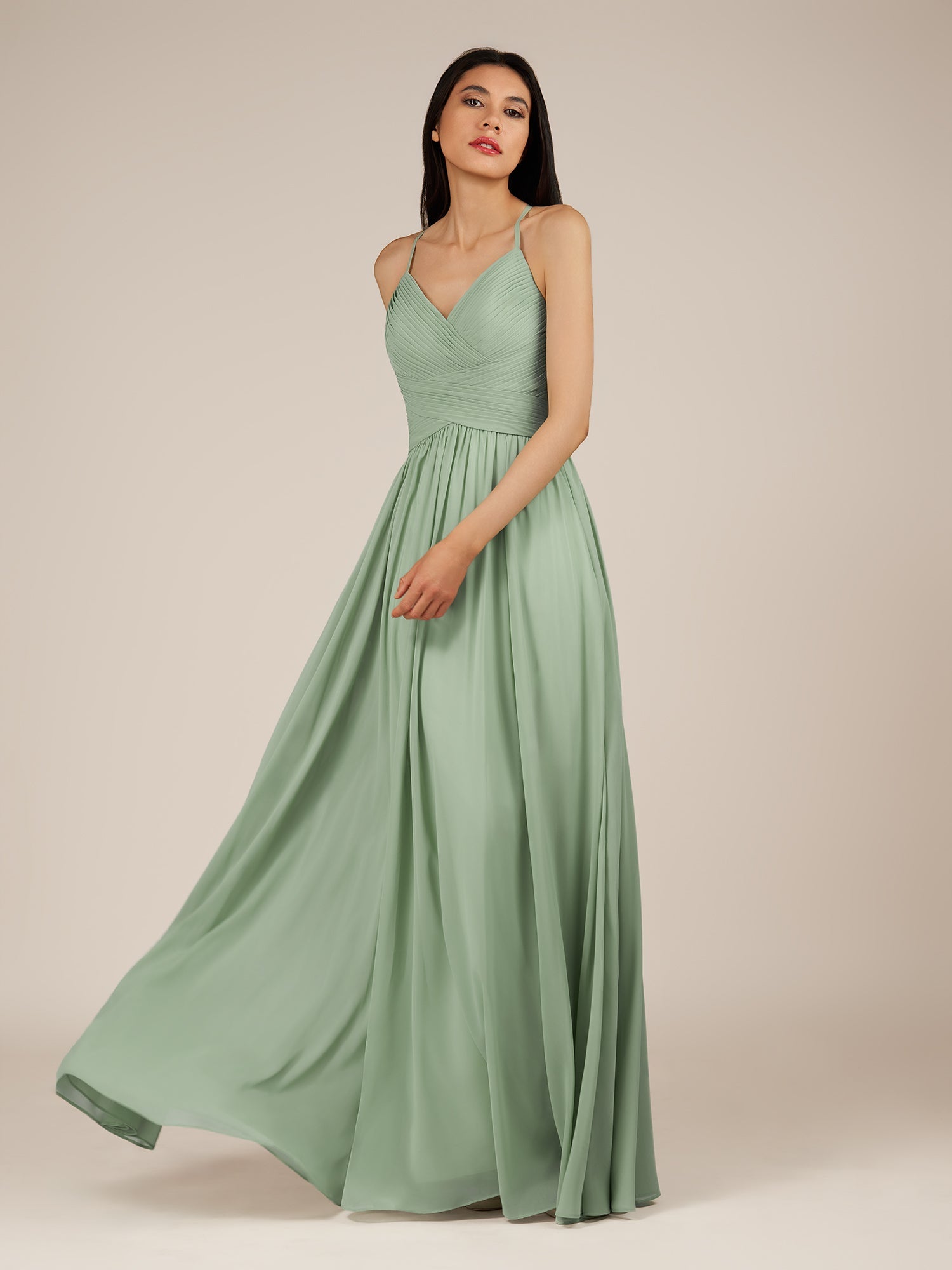 KissDress-Nolana Matcha A Line V Neck Chiffon Pleated Long Bridesmaid Dress