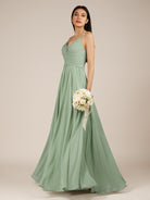 KissDress-Nolana Matcha A Line V Neck Chiffon Pleated Long Bridesmaid Dress