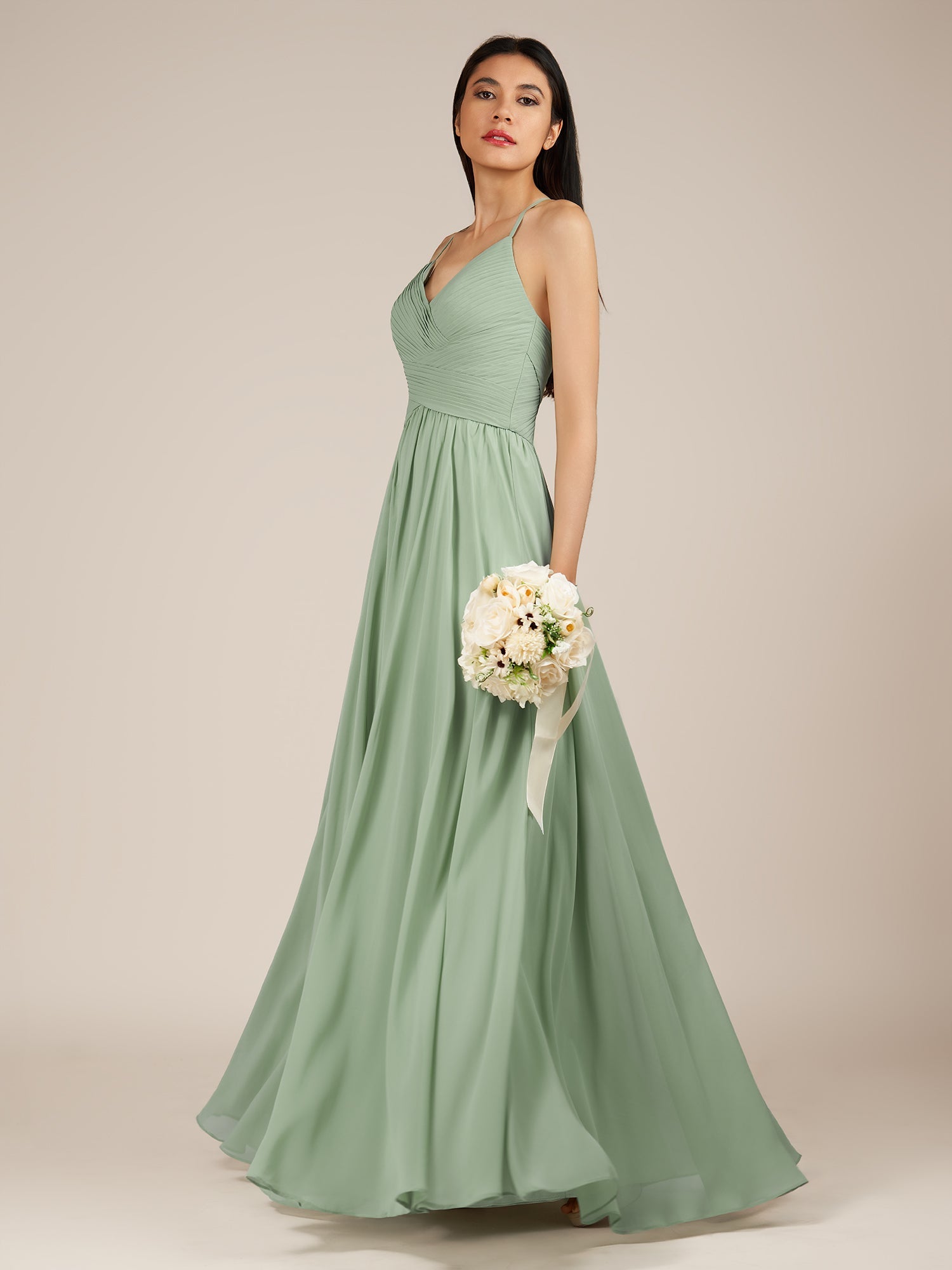 KissDress-Nolana Matcha A Line V Neck Chiffon Pleated Long Bridesmaid Dress