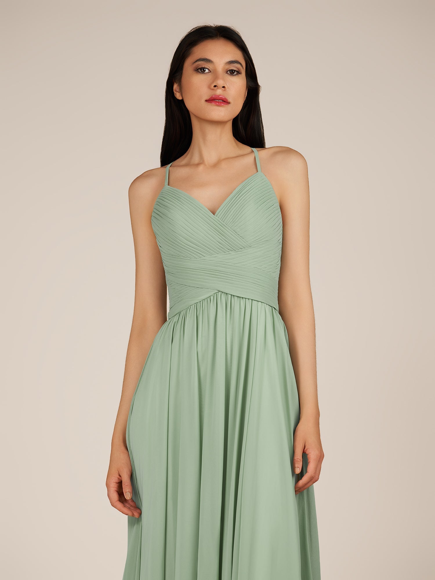 KissDress-Nolana Matcha A Line V Neck Chiffon Pleated Long Bridesmaid Dress