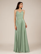 KissDress-Nolana Matcha A Line V Neck Chiffon Pleated Long Bridesmaid Dress