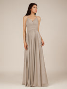 KissDress-Nolana Almond A Line V Neck Chiffon Pleated Long Bridesmaid Dress