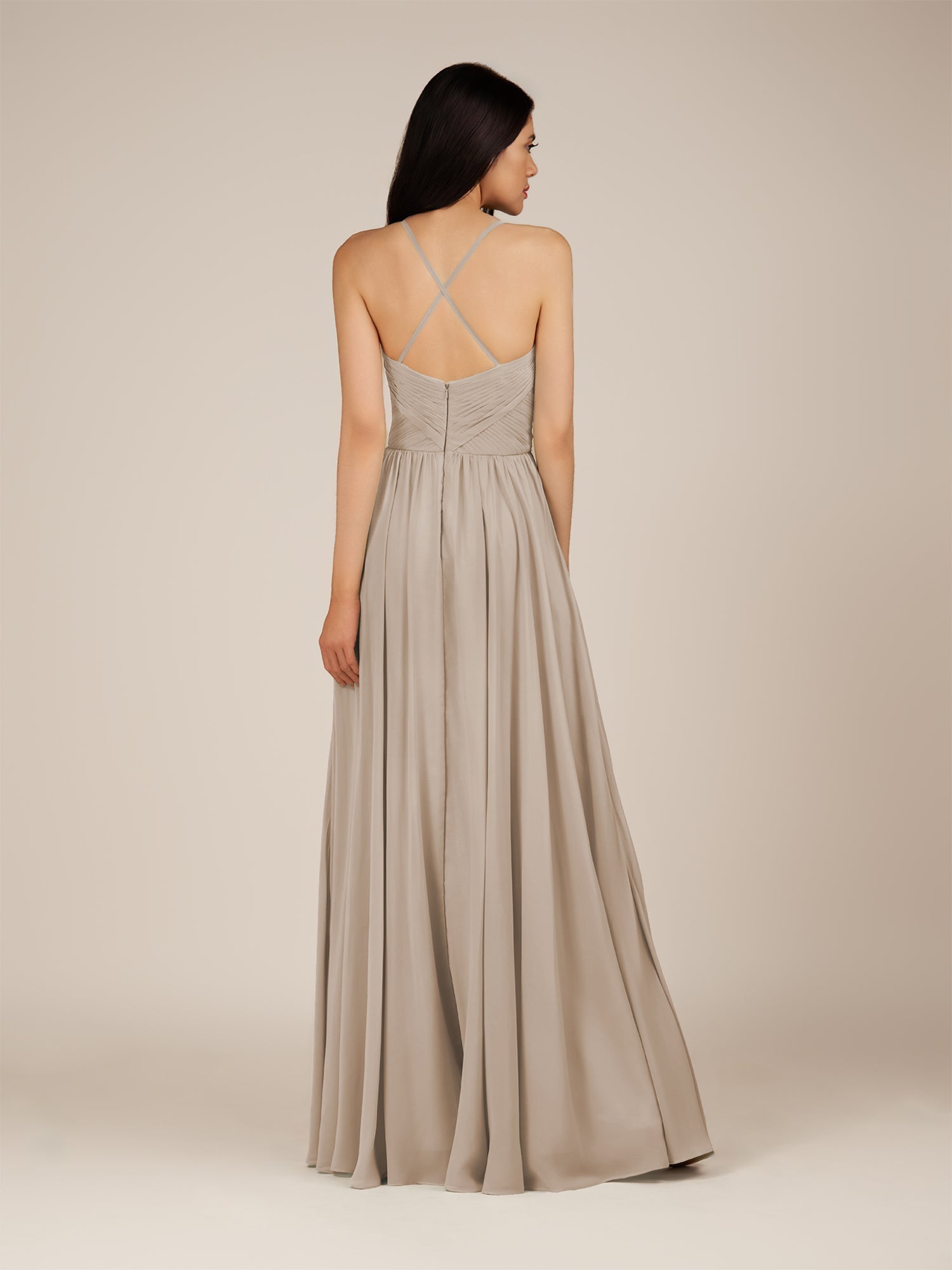 KissDress-Nolana Almond A Line V Neck Chiffon Pleated Long Bridesmaid Dress