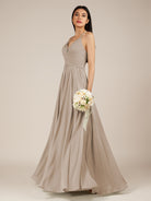 KissDress-Nolana Almond A Line V Neck Chiffon Pleated Long Bridesmaid Dress
