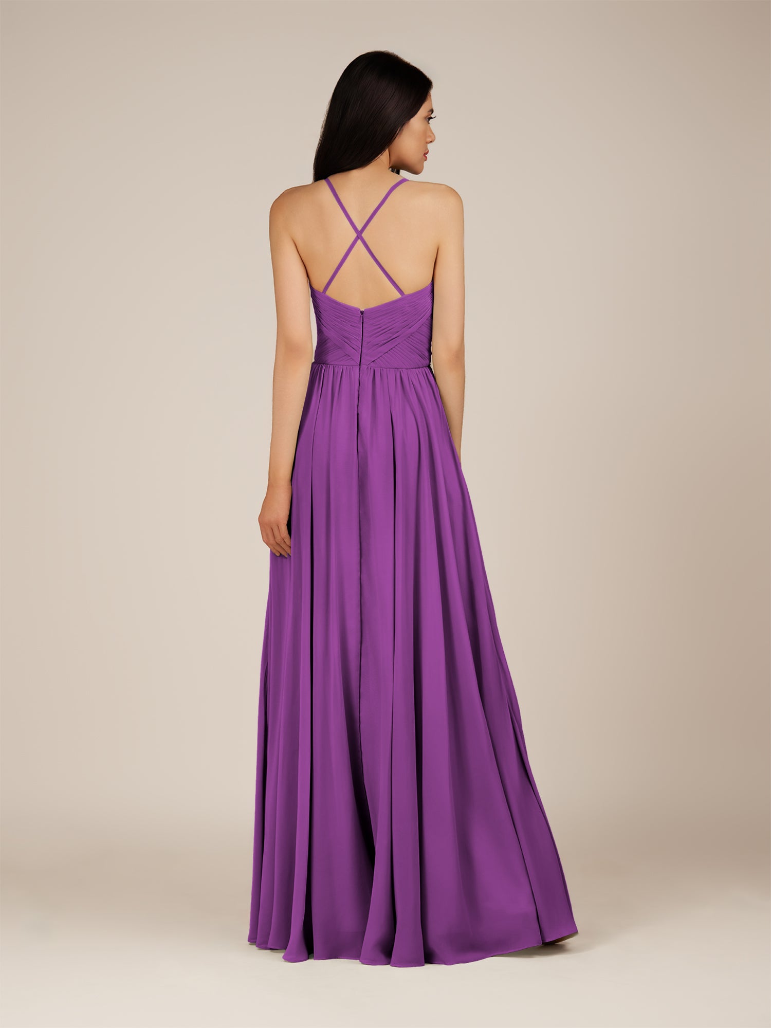 KissDress-Nolana Amethyst A Line V Neck Chiffon Pleated Long Bridesmaid Dress