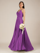 KissDress-Nolana Amethyst A Line V Neck Chiffon Pleated Long Bridesmaid Dress
