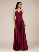 KissDress-Nolana Berry A Line V Neck Chiffon Pleated Long Bridesmaid Dress