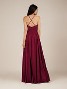 KissDress-Nolana Berry A Line V Neck Chiffon Pleated Long Bridesmaid Dress