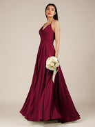 KissDress-Nolana Berry A Line V Neck Chiffon Pleated Long Bridesmaid Dress