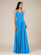 KissDress-Nolana Blue Jay A Line V Neck Chiffon Pleated Long Bridesmaid Dress