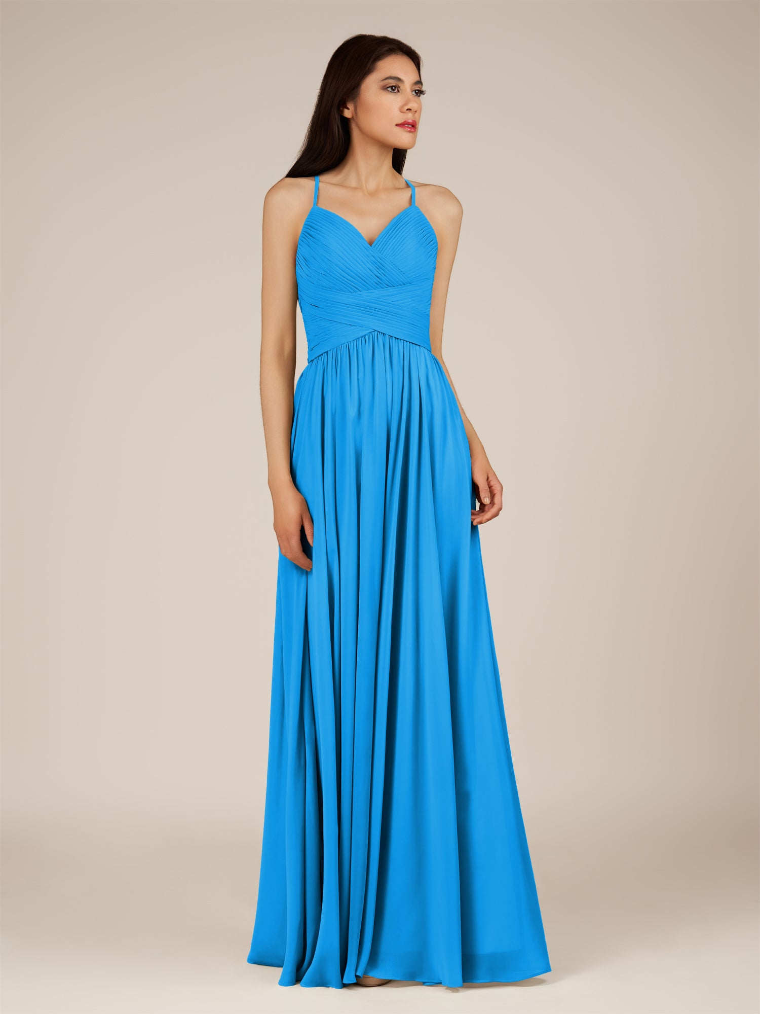 KissDress-Nolana Blue Jay A Line V Neck Chiffon Pleated Long Bridesmaid Dress
