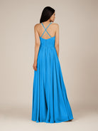 KissDress-Nolana Blue Jay A Line V Neck Chiffon Pleated Long Bridesmaid Dress