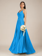 KissDress-Nolana Blue Jay A Line V Neck Chiffon Pleated Long Bridesmaid Dress