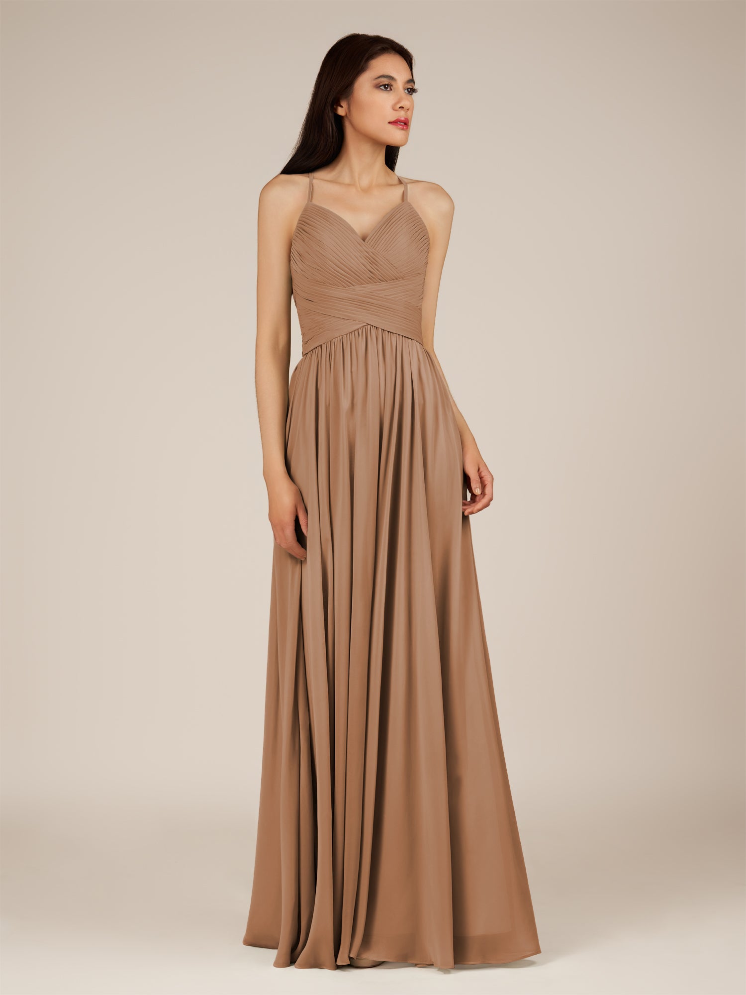 KissDress-Nolana Bronzer A Line V Neck Chiffon Pleated Long Bridesmaid Dress