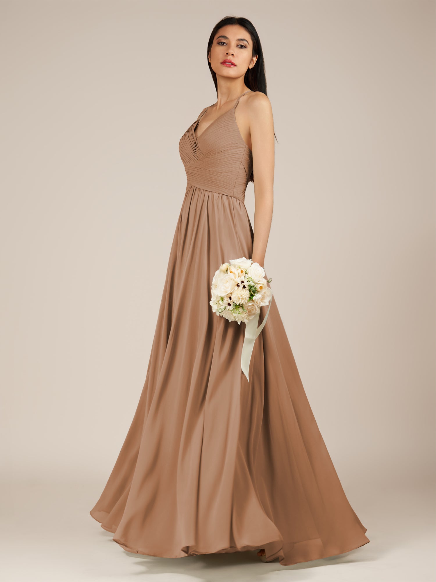 KissDress-Nolana Bronzer A Line V Neck Chiffon Pleated Long Bridesmaid Dress