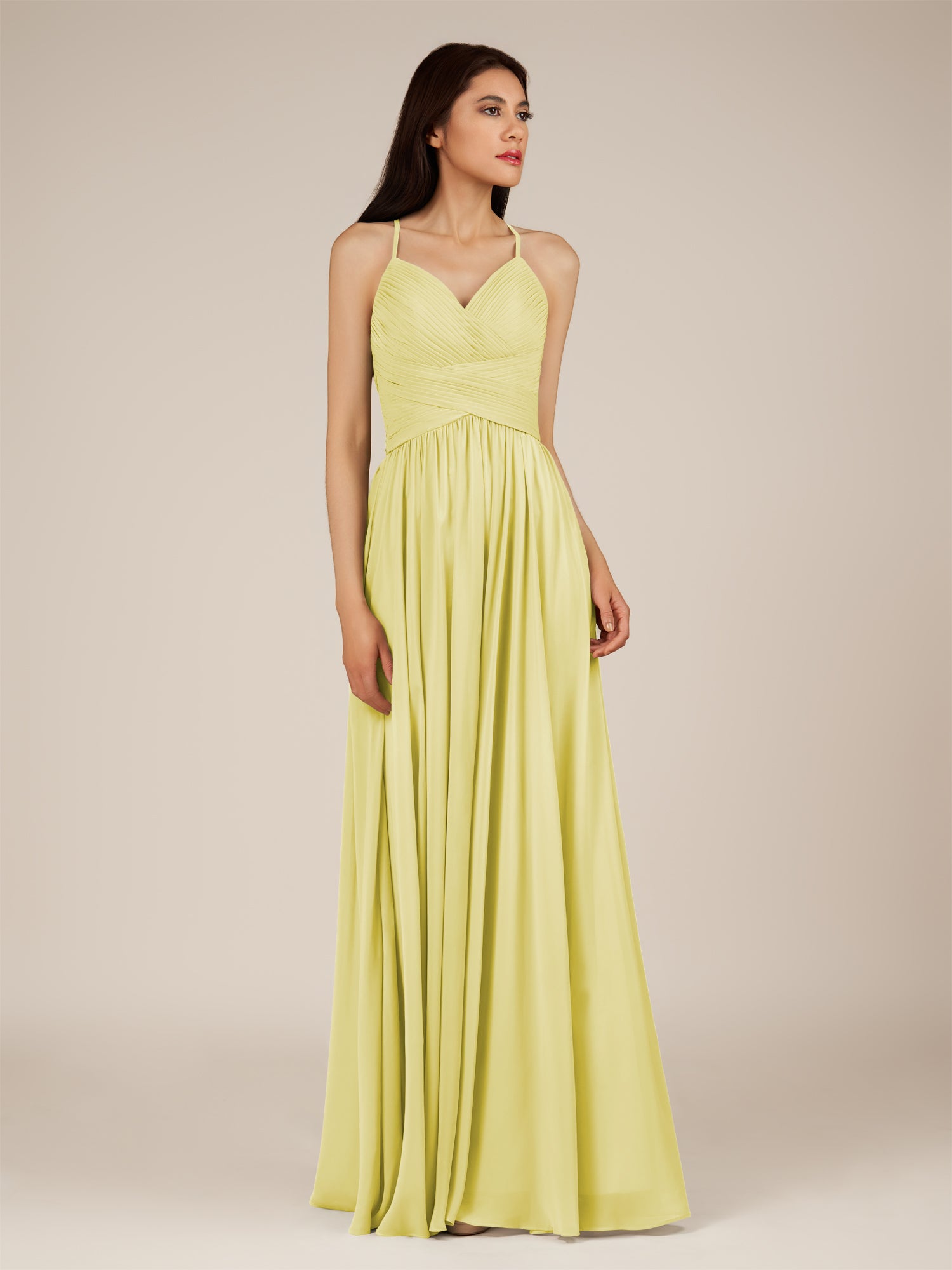 KissDress-Nolana Buttercup A Line V Neck Chiffon Pleated Long Bridesmaid Dress