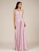 KissDress-Nolana Candy Pink A Line V Neck Chiffon Pleated Long Bridesmaid Dress