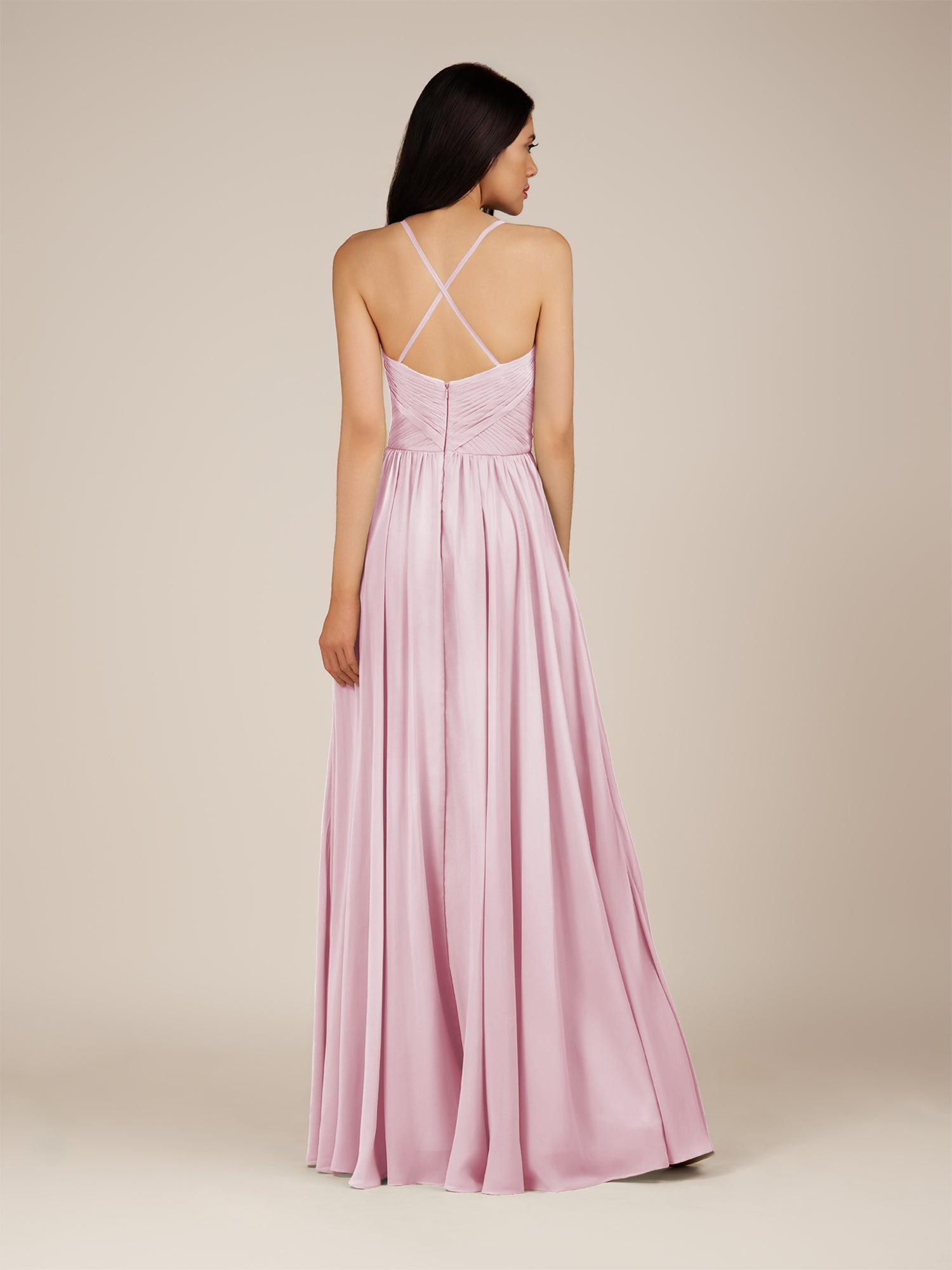 KissDress-Nolana Candy Pink A Line V Neck Chiffon Pleated Long Bridesmaid Dress