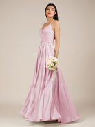 KissDress-Nolana Candy Pink A Line V Neck Chiffon Pleated Long Bridesmaid Dress