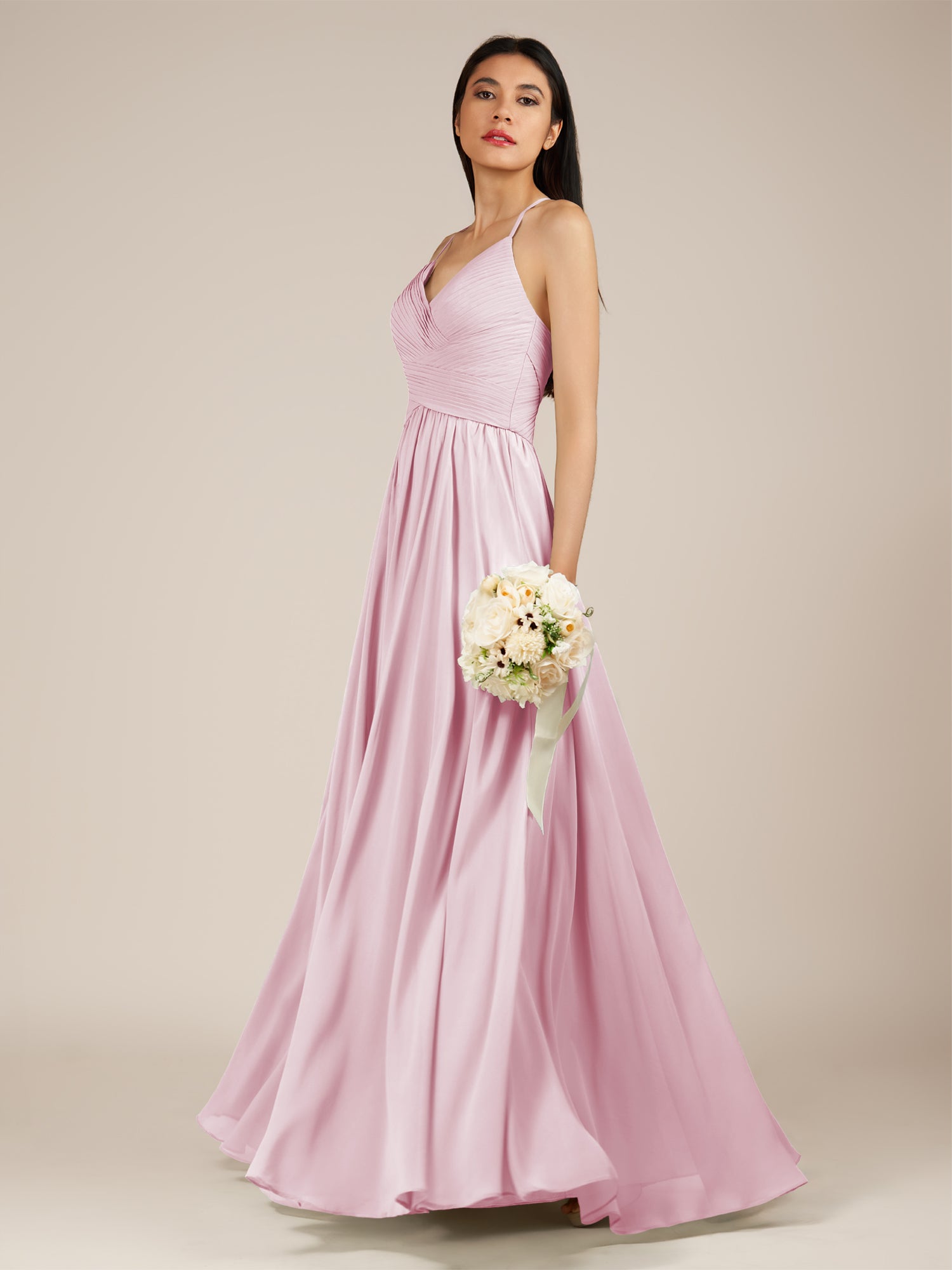 KissDress-Nolana Candy Pink A Line V Neck Chiffon Pleated Long Bridesmaid Dress