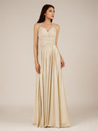 KissDress-Nolana Champagne A Line V Neck Chiffon Pleated Long Bridesmaid Dress
