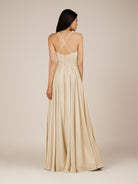 KissDress-Nolana Champagne A Line V Neck Chiffon Pleated Long Bridesmaid Dress