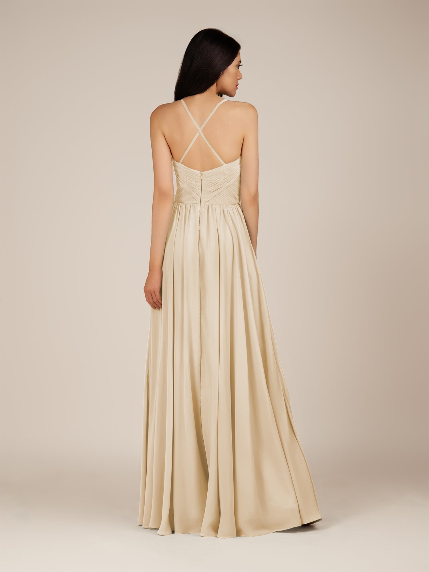 KissDress-Nolana Champagne A Line V Neck Chiffon Pleated Long Bridesmaid Dress