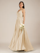 KissDress-Nolana Champagne A Line V Neck Chiffon Pleated Long Bridesmaid Dress