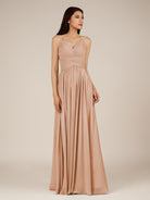 KissDress-Nolana Champagne Rose A Line V Neck Chiffon Pleated Long Bridesmaid Dress