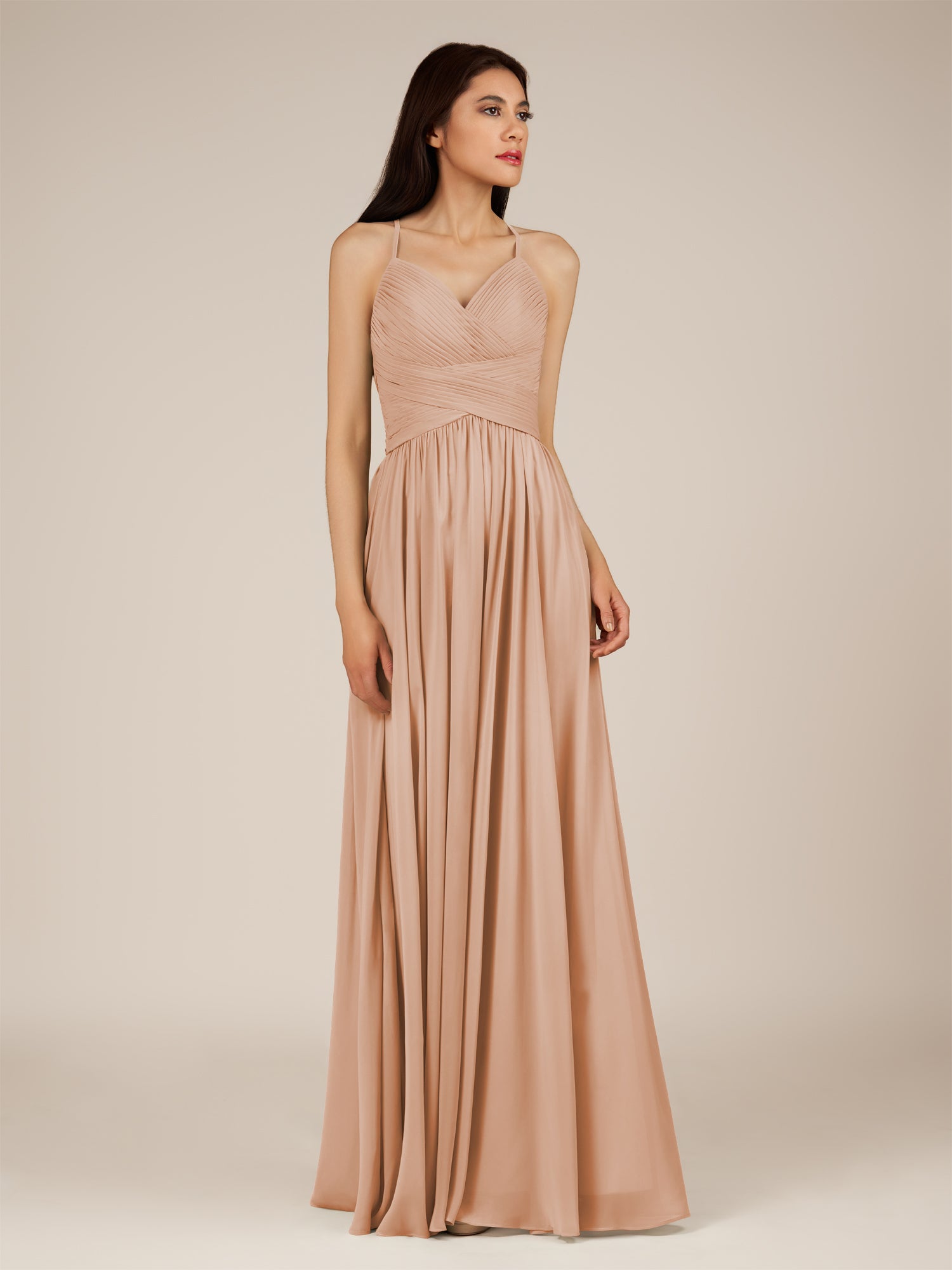 KissDress-Nolana Champagne Rose A Line V Neck Chiffon Pleated Long Bridesmaid Dress