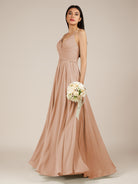 KissDress-Nolana Champagne Rose A Line V Neck Chiffon Pleated Long Bridesmaid Dress