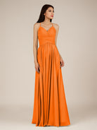 KissDress-Nolana Cinnamon A Line V Neck Chiffon Pleated Long Bridesmaid Dress