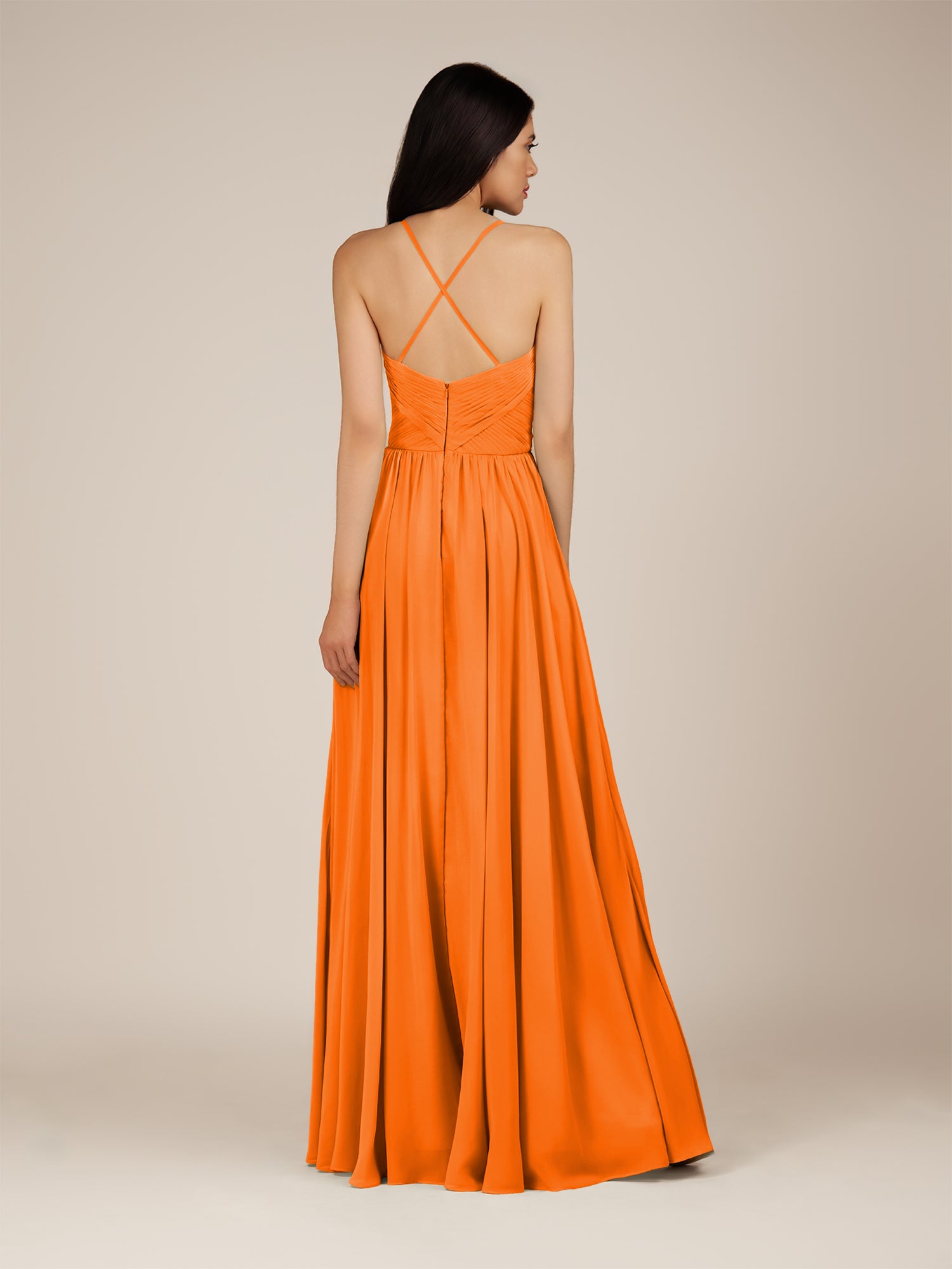 KissDress-Nolana Cinnamon A Line V Neck Chiffon Pleated Long Bridesmaid Dress