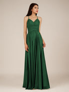 KissDress-Nolana Dark Green A Line V Neck Chiffon Pleated Long Bridesmaid Dress