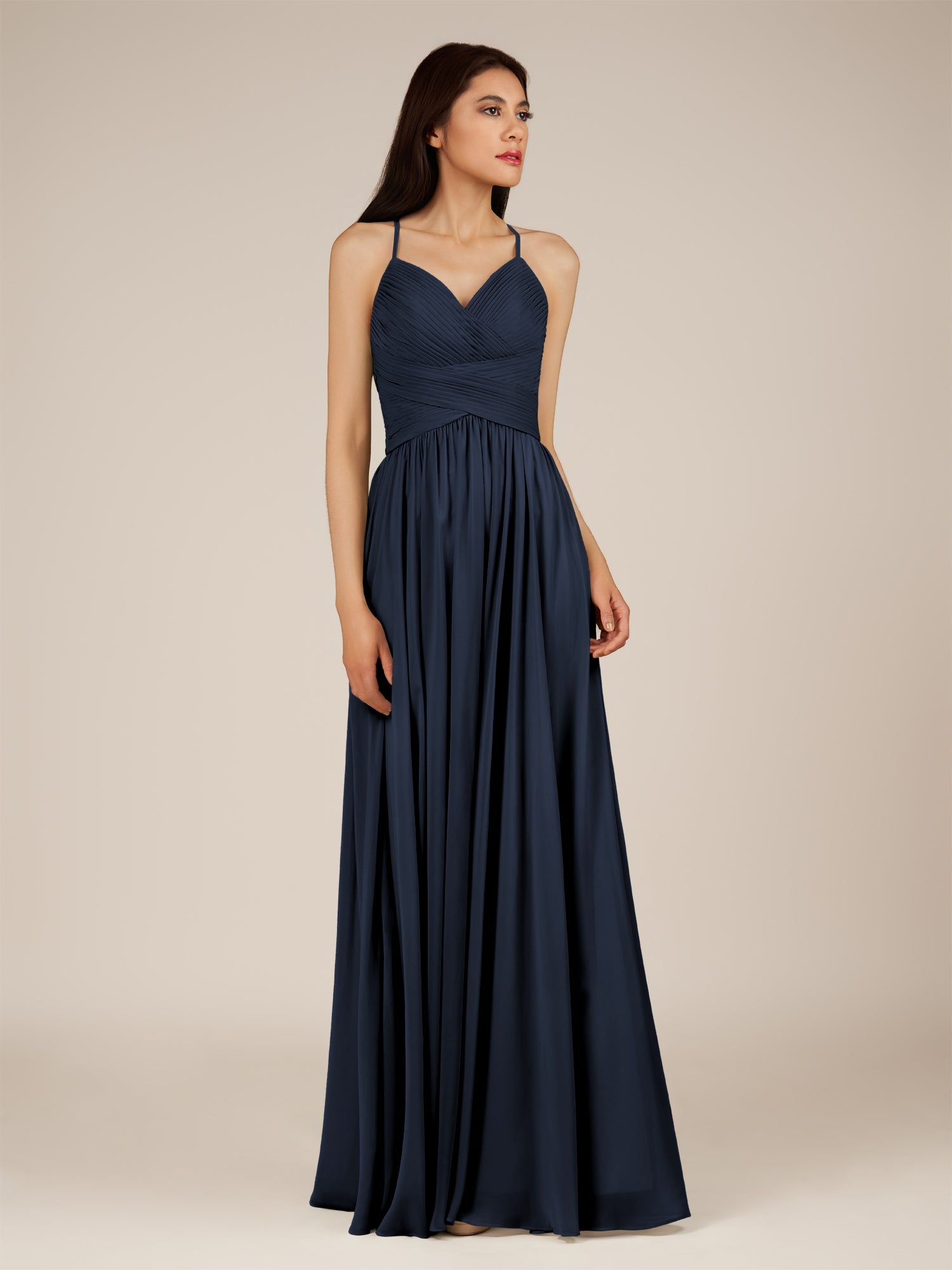 KissDress-Nolana Dark Navy A Line V Neck Chiffon Pleated Long Bridesmaid Dress