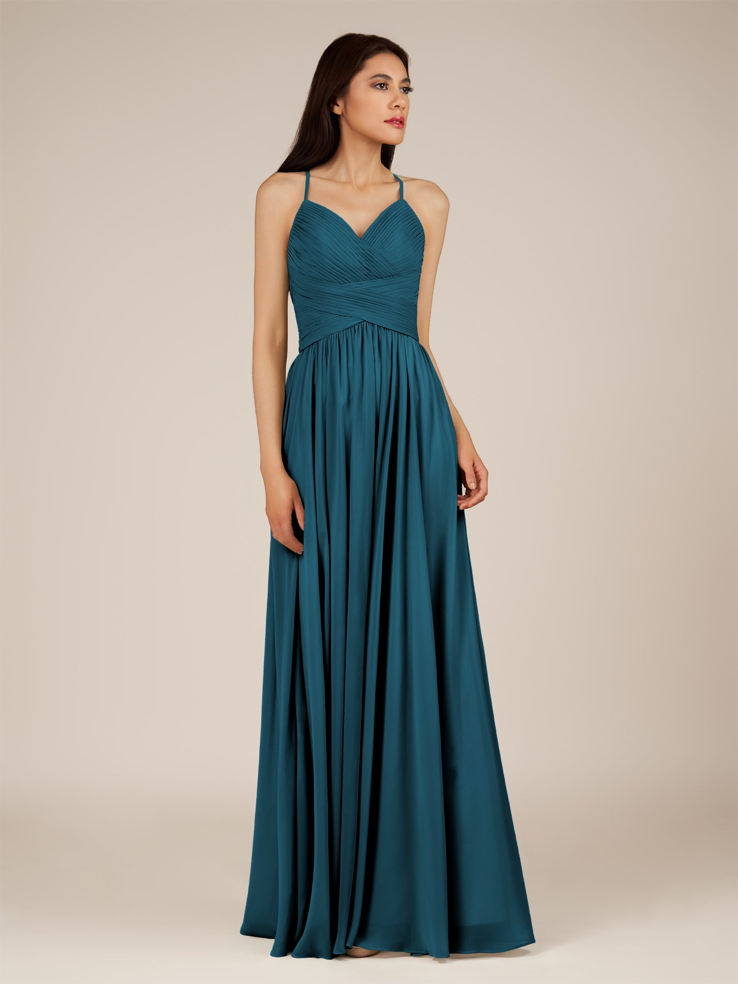KissDress-Nolana Dark Teal A Line V Neck Chiffon Pleated Long Bridesmaid Dress