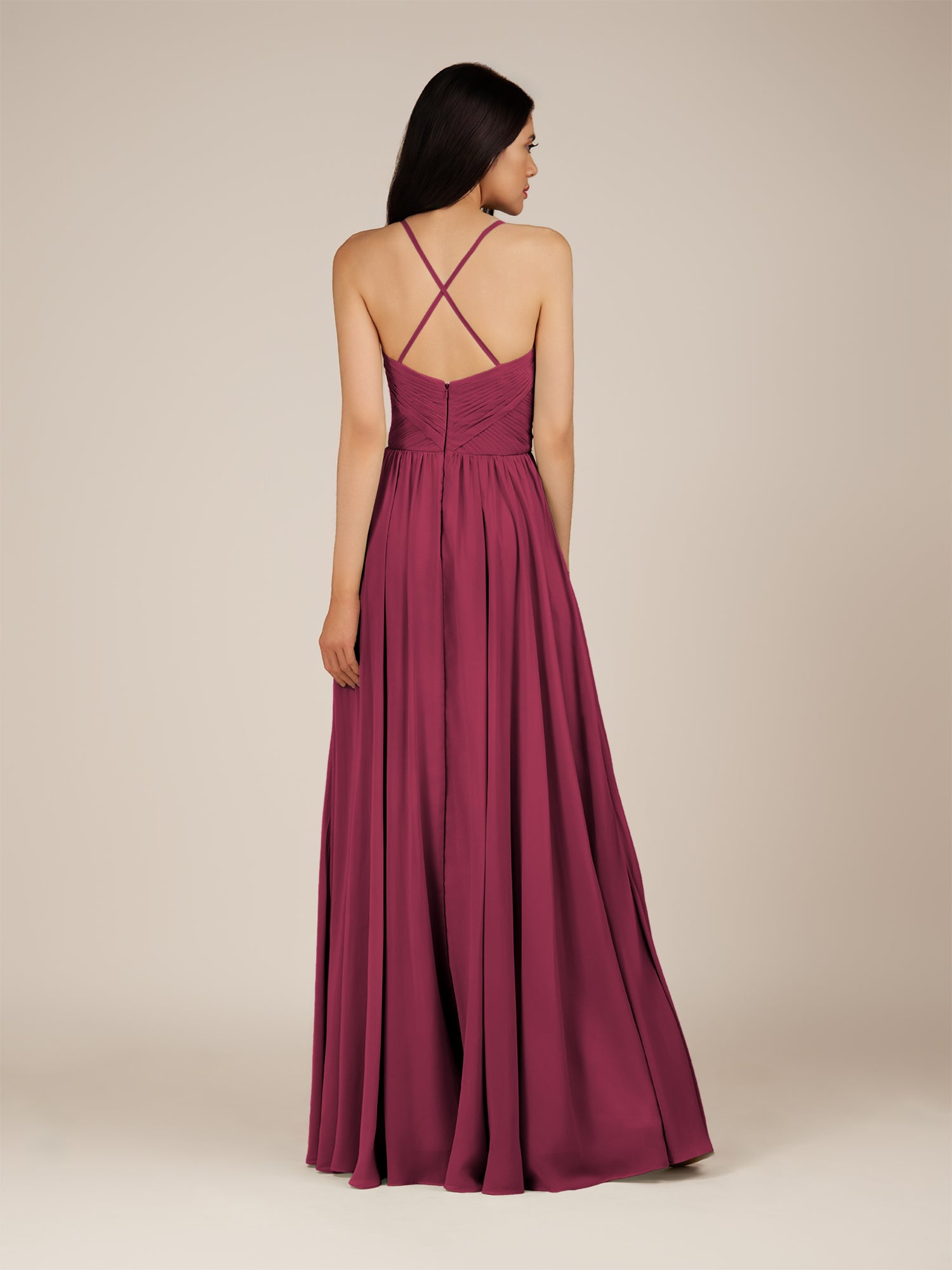 KissDress-Nolana Desert Rose A Line V Neck Chiffon Pleated Long Bridesmaid Dress