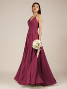 KissDress-Nolana Desert Rose A Line V Neck Chiffon Pleated Long Bridesmaid Dress