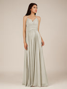 KissDress-Nolana Dove Gray A Line V Neck Chiffon Pleated Long Bridesmaid Dress