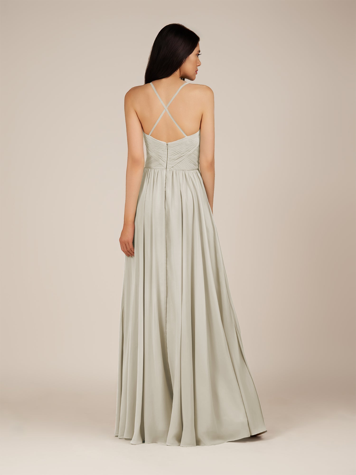 KissDress-Nolana Dove Gray A Line V Neck Chiffon Pleated Long Bridesmaid Dress