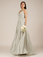 KissDress-Nolana Dove Gray A Line V Neck Chiffon Pleated Long Bridesmaid Dress