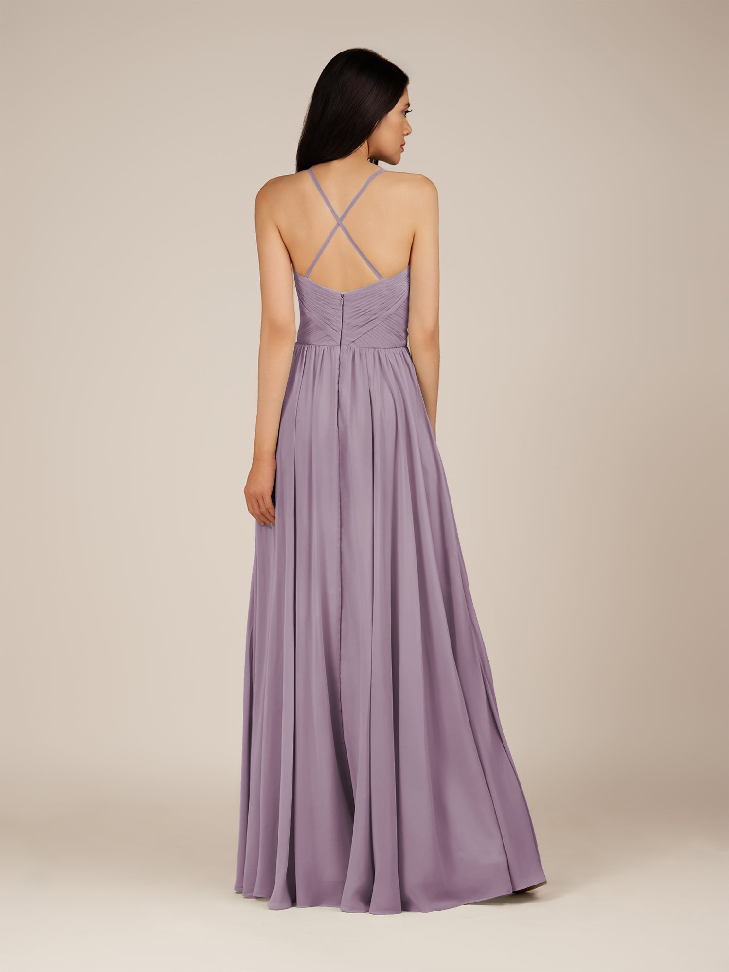 KissDress-Nolana Dusk A Line V Neck Chiffon Pleated Long Bridesmaid Dress