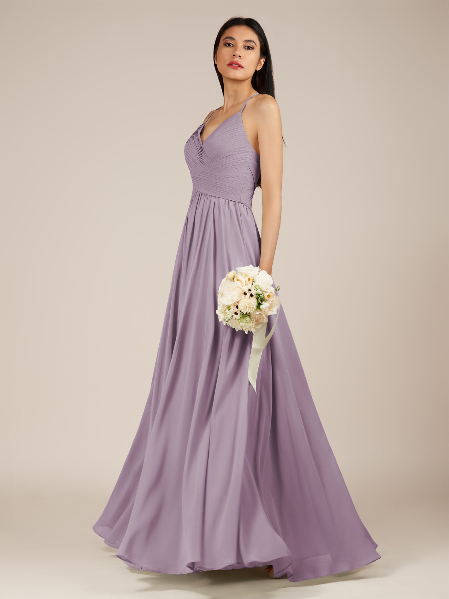 KissDress-Nolana Dusk A Line V Neck Chiffon Pleated Long Bridesmaid Dress